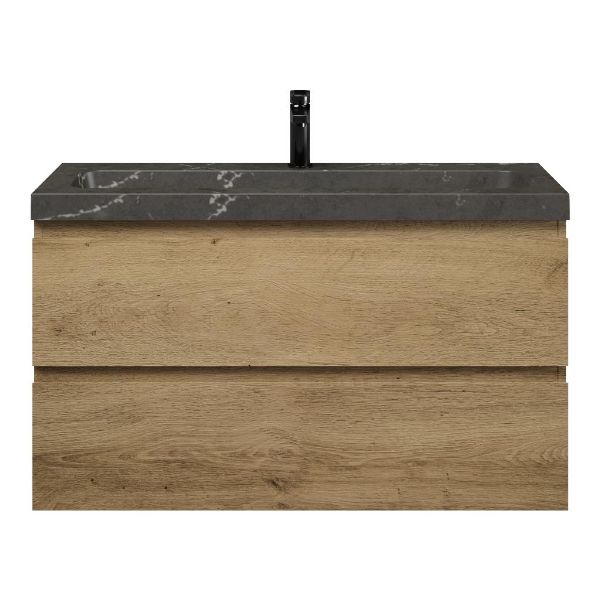 Texel Renesse/Stone ondiep badmeubel 100x36 2 softclose laden warm eiken greeploos natuurstenen wastafel bluestone met 1 kraangat