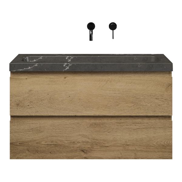 Texel Renesse/Stone ondiep badmeubel 100x36 2 softclose laden warm eiken greeploos natuurstenen wastafel bluestone met 0 kraangaten