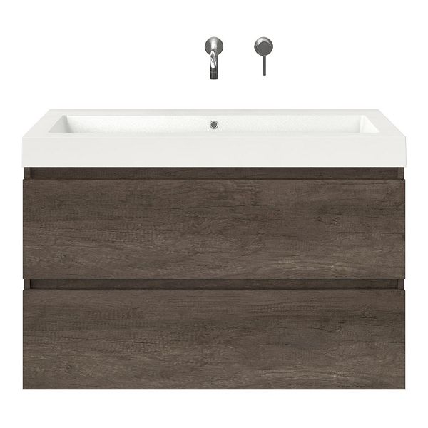 Texel Westkapelle/Cadzand badmeubel 100x46 2 softclose laden olm donker grijs greeploos polystone wastafel wit zonder kraangaten, 66 cm hoog