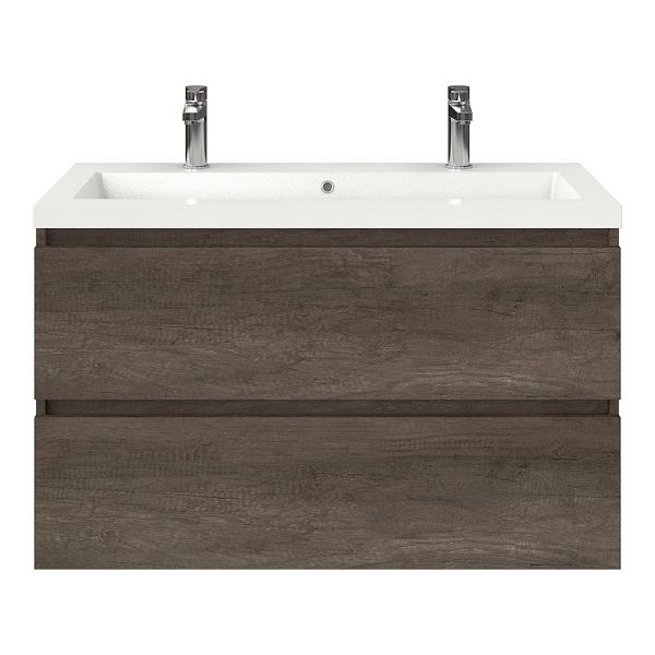 Texel Westkapelle/Cadzand badmeubel 100x46 2 softclose laden olm donker grijs greeploos polystone wastafel wit met 2 kraangaten, 62 cm hoog