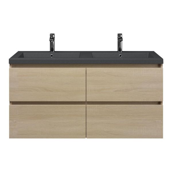 Texel Westkapelle/Cadzand badmeubel 120x46 4 softclose laden eiken licht greeploos polystone wastafel dubbel mat grijs met 2 kraangaten