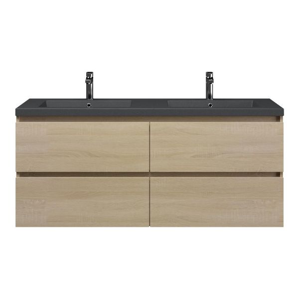 Texel Westkapelle/Cadzand badmeubel 140x46 4 softclose laden licht eiken greeploos polystone wastafel dubbel mat grijs met 2 kraangaten