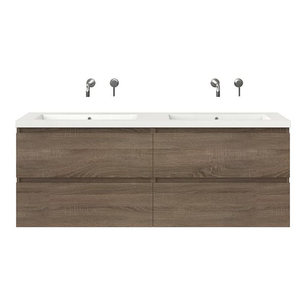 Texel Westkapelle/Cadzand badmeubel 160x46 4 softclose laden eiken donker greeploos polystone dubbele wastafel wit zonder kraangaten
