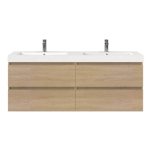 Texel Westkapelle/Cadzand badmeubel 160x46 4 softclose laden eiken licht greeploos polystone dubbele wastafel wit 2 kraangaten, 66 cm hoog