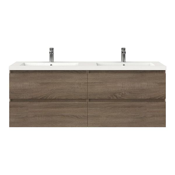 Texel Westkapelle/Cadzand badmeubel 160x46 4 softclose laden eiken donker greeploos polystone dubbele wastafel wit 2 kraangaten