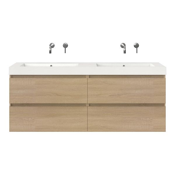Texel Westkapelle/Cadzand badmeubel 160x46 4 softclose laden eiken licht greeploos polystone dubbele wastafel wit zonder kraangaten, 66 cm hoog