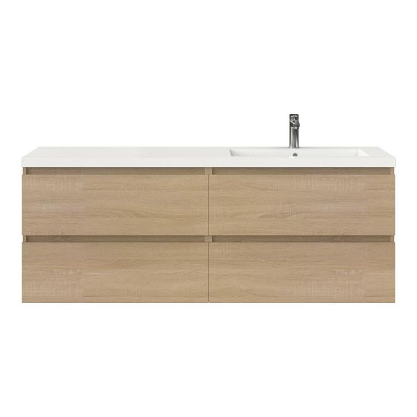 Texel Westkapelle/Cadzand badmeubel 160x46 4 softclose laden eiken licht greeploos polystone enkele wastafel rechts wit met 1 kraangat, 62 cm hoog