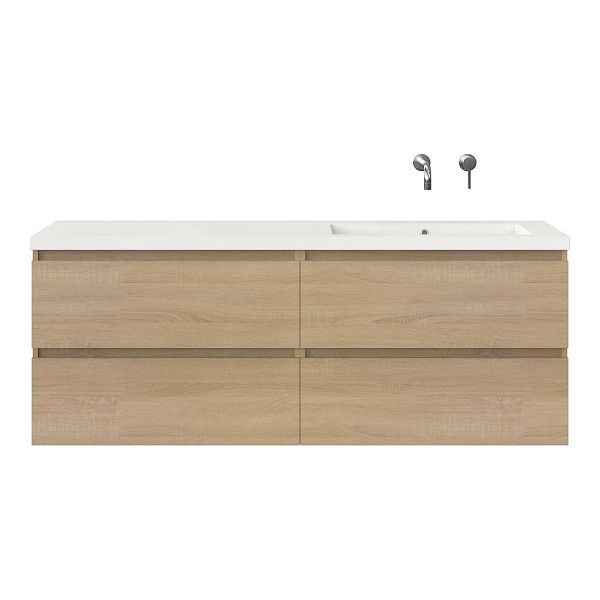 Texel Westkapelle/Cadzand badmeubel 160x46 4 softclose laden eiken licht greeploos polystone enkele wastafel rechts wit zonder kraangat, 62 cm hoog