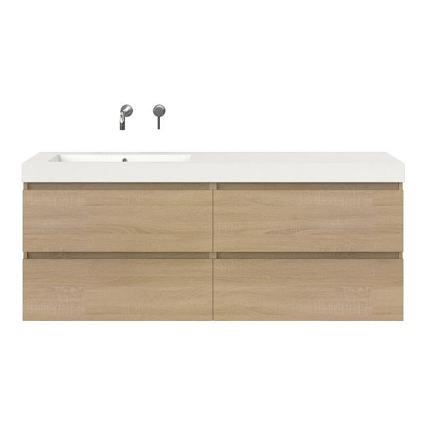 Texel Westkapelle/Cadzand badmeubel 160x46 4 softclose laden eiken licht greeploos polystone enkele wastafel links wit zonder kraangat, 66 cm hoog