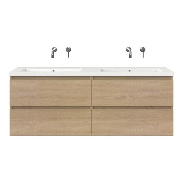 Texel Westkapelle/Cadzand badmeubel 160x46 4 softclose laden eiken licht greeploos polystone dubbele wastafel wit zonder kraangaten, 62 cm hoog