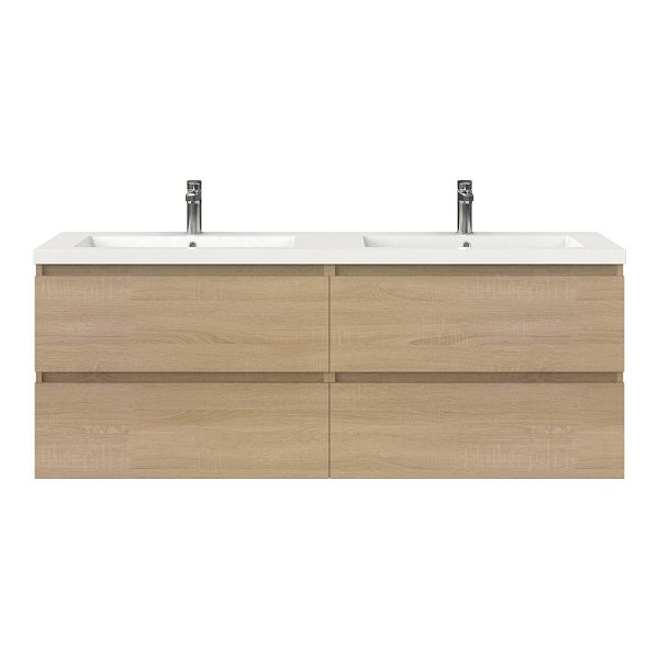 Texel Westkapelle/Cadzand badmeubel 160x46 4 softclose laden eiken licht greeploos polystone dubbele wastafel wit 2 kraangaten, 62 cm hoog