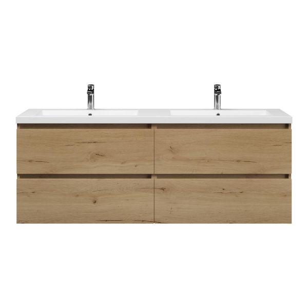 Texel Westkapelle/Cadzand badmeubel 160x46 4 softclose laden eiken natuur greeploos polystone dubbele wastafel mat wit 2 kraangaten