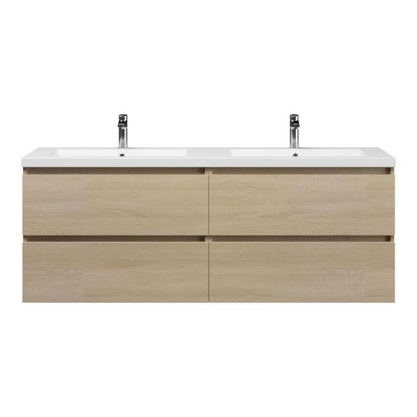 Texel Westkapelle/Cadzand badmeubel 160x46 4 softclose laden eiken licht greeploos polystone dubbele wastafel mat wit 2 kraangaten