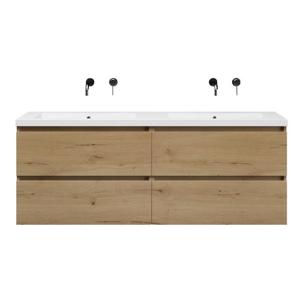 Texel Westkapelle/Cadzand badmeubel 160x46 4 softclose laden eiken natuur greeploos polystone dubbele wastafel wit zonder kraangaten