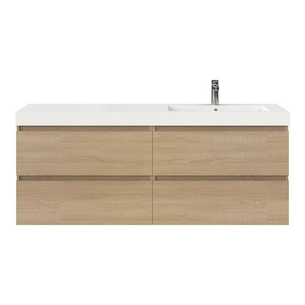 Texel Westkapelle/Cadzand badmeubel 160x46 4 softclose laden eiken licht greeploos polystone enkele wastafel rechts wit met 1 kraangat, 66 cm hoog