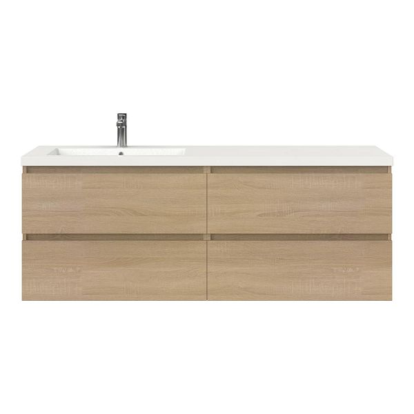 Texel Westkapelle/Cadzand badmeubel 160x46 4 softclose laden eiken licht greeploos polystone enkele wastafel links wit met 1 kraangat