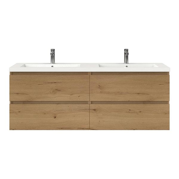 Texel Westkapelle/Cadzand badmeubel 160x46 4 softclose laden eiken natuur greeploos polystone dubbele wastafel wit 2 kraangaten