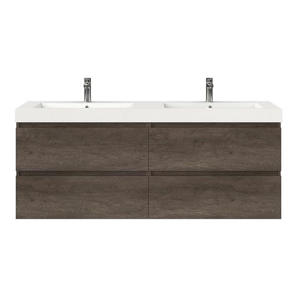 Texel Westkapelle/Cadzand badmeubel 160x46 4 softclose laden olm donker grijs greeploos polystone dubbele wastafel wit 2 kraangaten, 66 cm hoog