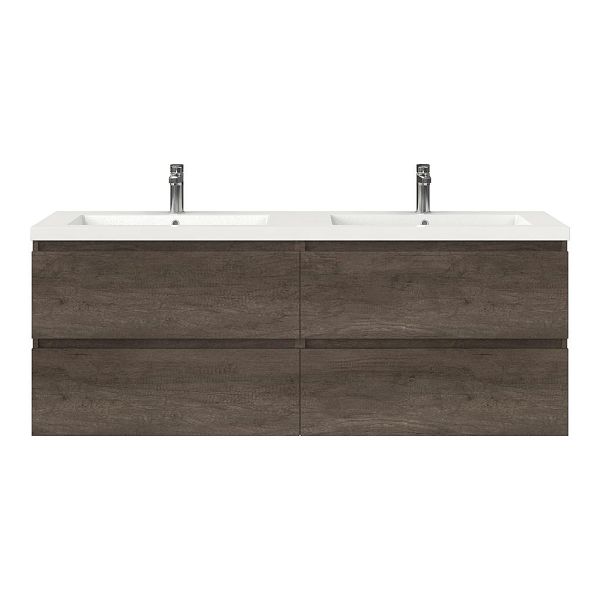 Texel Westkapelle/Cadzand badmeubel 160x46 4 softclose laden olm donker grijs greeploos polystone dubbele wastafel wit 2 kraangaten, 62 cm hoog