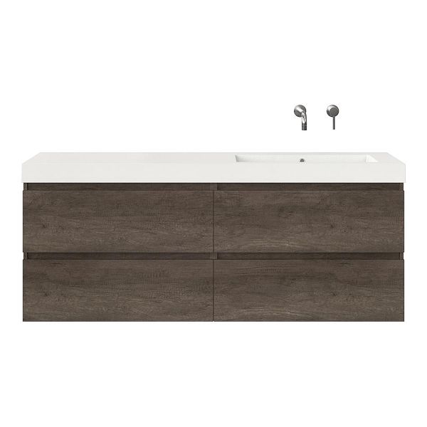Texel Westkapelle/Cadzand badmeubel 160x46 4 softclose laden olm donker grijs greeploos polystone enkele wastafel rechts wit zonder kraangat, 66 cm hoog