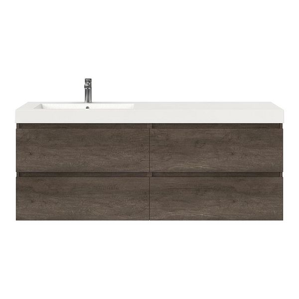 Texel Westkapelle/Cadzand badmeubel 160x46 4 softclose laden olm donker grijs greeploos polystone enkele wastafel links wit met 1 kraangat, 66 cm hoog