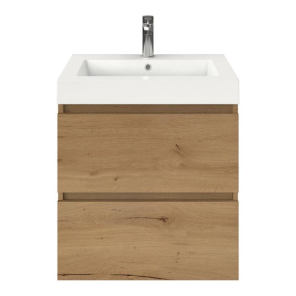 Texel Westkapelle/Cadzand badmeubel 60x46 2 softclose laden eiken natuur greeploos polystone wastafel wit met 1 kraangat