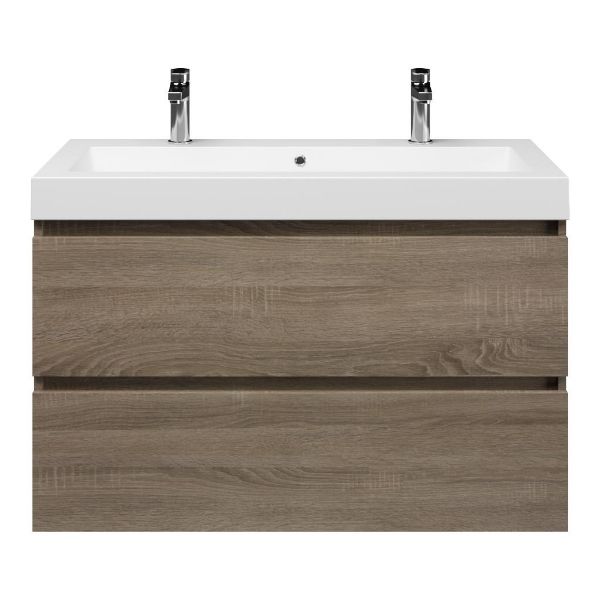 Texel Westkapelle/Cadzand-Q badmeubel 100x46 2 softclose laden eiken donker greeploos quartz wastafel mat wit met 2 kraangaten