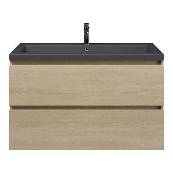 Texel Westkapelle/Cadzand-Q badmeubel 100x46 2 softclose laden eiken licht greeploos quartz wastafel mat grijs zonder kraangat