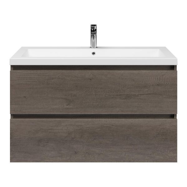 Texel Westkapelle/Cadzand-Q badmeubel 100x46 2 softclose laden olm donker grijs greeploos quartz wastafel mat wit zonder kraangat