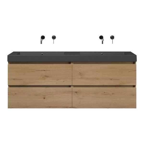 Texel Westkapelle/Cadzand-Q badmeubel 160x46 4 softclose laden eiken natuur greeploos quartz dubbele wastafel mat grijs zonder kraangaten