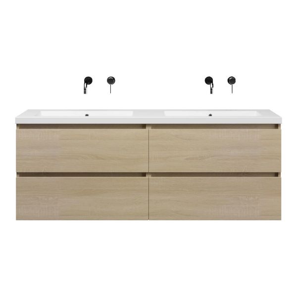 Texel Westkapelle/Cadzand-Q badmeubel 160x46 4 softclose laden eiken licht greeploos quartz dubbele wastafel mat wit zonder kraangaten