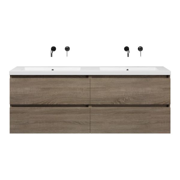 Texel Westkapelle/Cadzand-Q badmeubel 160x46 4 softclose laden eiken donker greeploos quartz dubbele wastafel mat wit zonder kraangaten