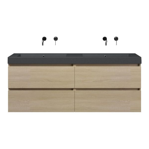 Texel Westkapelle/Cadzand-Q badmeubel 160x46 4 softclose laden eiken licht greeploos quartz dubbele wastafel mat grijs zonder kraangaten