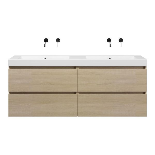 Texel Westkapelle/Cadzand-Q badmeubel 160x46 4 softclose laden eiken licht greeploos quartz dubbele wastafel mat wit zonder kraangaten