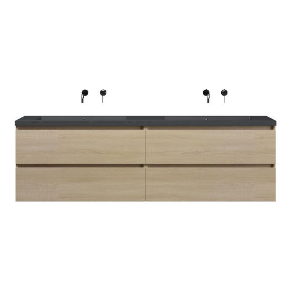 Texel Westkapelle/Cadzand-q badmeubel 200x46 4 softclose laden licht eiken greeploos quartz dubbele wastafel mat grijs zonder kraangaten