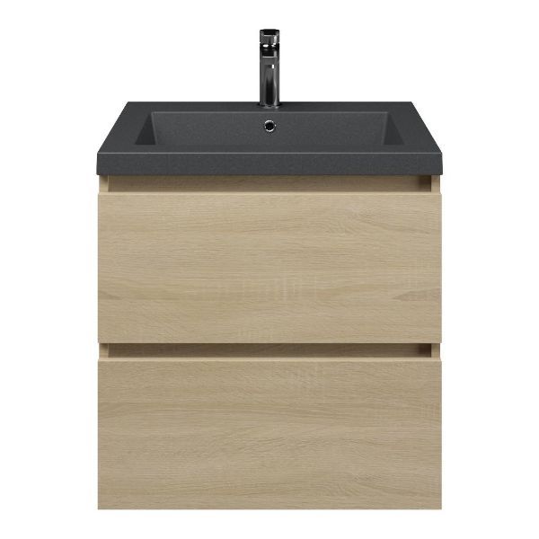 Texel Westkapelle/Cadzand-Q badmeubel 60x46 2 softclose laden eiken licht greeploos quartz wastafel mat grijs met 1 kraangat