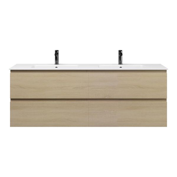 Texel Westkapelle/Callantsoog badmeubel 160x46 4 softclose laden eiken licht greeploos keramiek dubbele wastafel wit 2 kraangaten