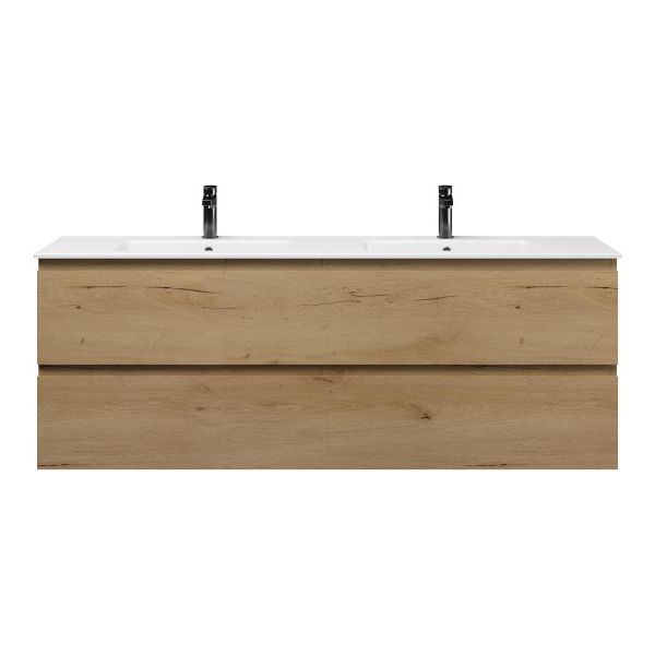 Texel Westkapelle/Callantsoog badmeubel 160x46 4 softclose laden eiken natuur greeploos keramiek dubbele wastafel wit 2 kraangaten