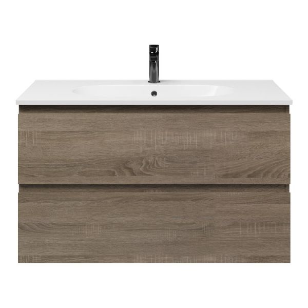 Texel Westkapelle/Ellemeet badmeubel 100x46 2 softclose laden eiken donker greeploos keramische wastafel wit met 1 kraangat