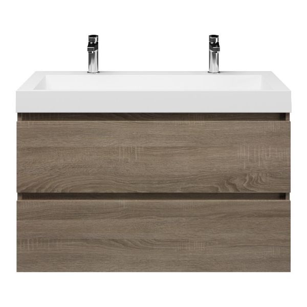 Texel Westkapelle/Haamstede badmeubel 100x46 2 softclose laden eiken donker greeploos polystone wastafel wit met 2 kraangaten
