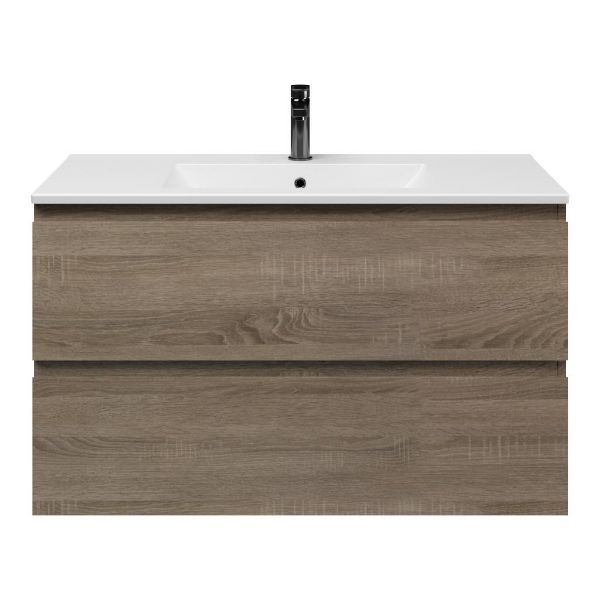 Texel Westkapelle/Huisduinen badmeubel 100x46 2 softclose laden eiken donker greeploos keramische wastafel mat wit met 1 kraangat