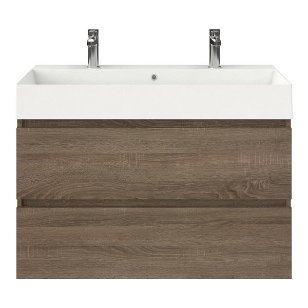 Texel Westkapelle/Marken badmeubel 100x46 2 softclose laden eiken donker greeploos keramische wastafel wit mat met 2 kraangaten