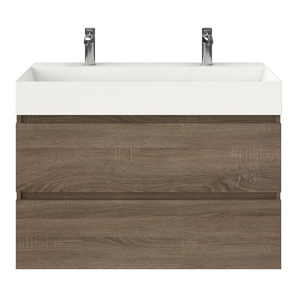 Texel Westkapelle/Marken badmeubel 100x46 2 softclose laden eiken donker greeploos keramische wastafel wit mat met 2 kraangaten