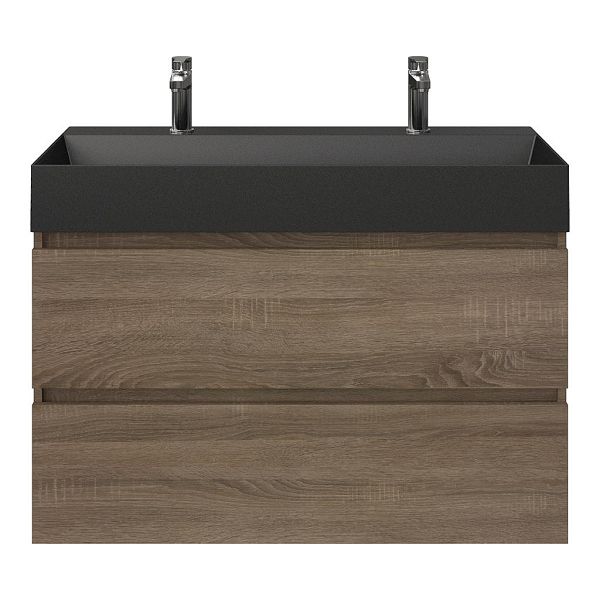 Texel Westkapelle/Marken badmeubel 100x46 2 softclose laden eiken donker greeploos keramische wastafel zwart mat met 2 kraangaten