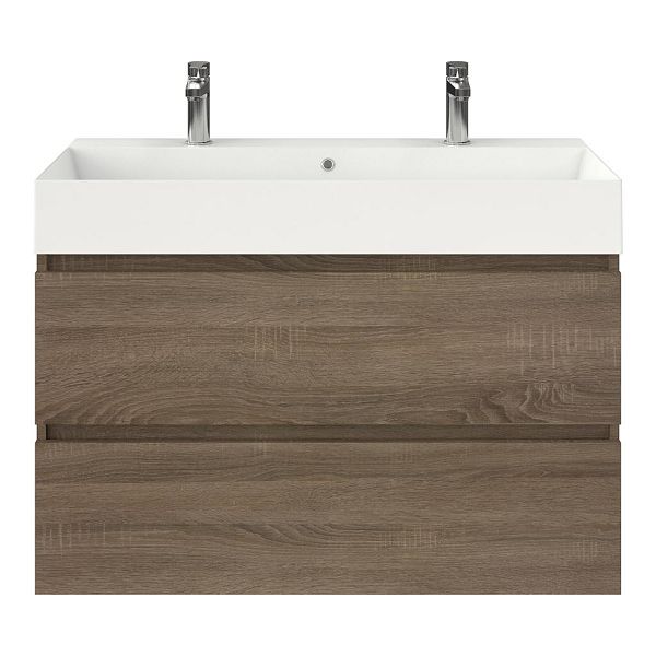 Texel Westkapelle/Marken badmeubel 100x46 2 softclose laden eiken donker greeploos keramische wastafel wit glans met 2 kraangaten