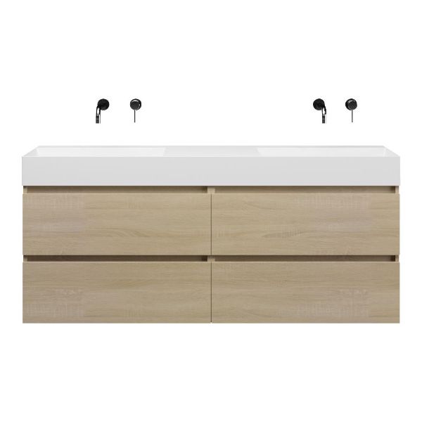 Texel Westkapelle/marken badmeubel 160x46 4 softclose laden eiken licht greeploos keramiek dubbele wastafel wit zonder kraangaten