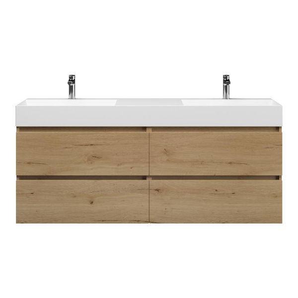 Texel Westkapelle/Marken badmeubel 160x46 4 softclose laden eiken natuur greeploos keramiek dubbele wastafel mat wit 2 kraangaten