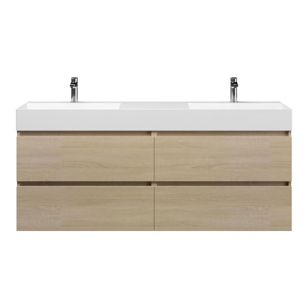 Texel Westkapelle/Marken badmeubel 160x46 4 softclose laden eiken licht greeploos keramiek dubbele wastafel mat wit 2 kraangaten