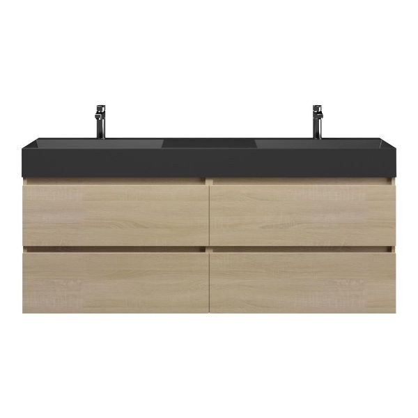 Texel Westkapelle/Marken badmeubel 160x46 4 softclose laden eiken licht greeploos keramiek dubbele wastafel mat zwart 2 kraangaten
