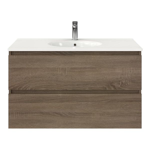 Texel Westkapelle/Ovale badmeubel 100x46 2 softclose laden eiken donker greeploos keramische wastafel wit met 1 kraangat